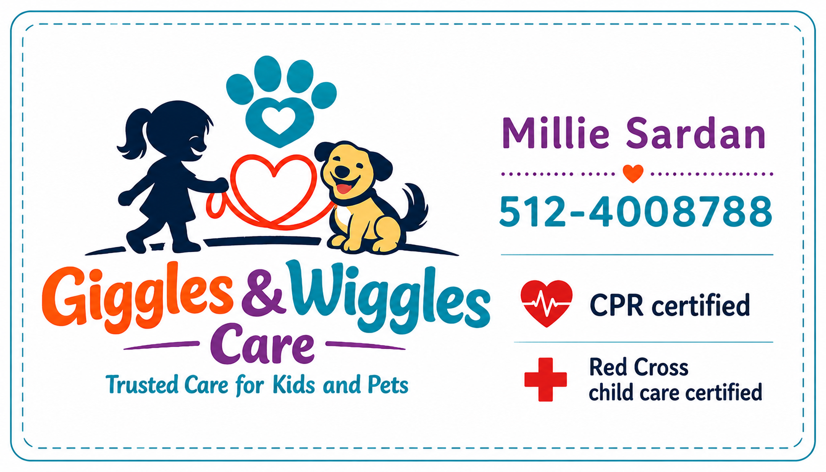 Giggles and Wiggles Care business card for Millie Sardan